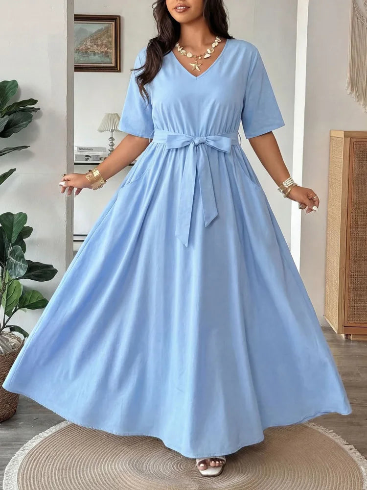 Belted V-Neck Pocket Maxi Dress