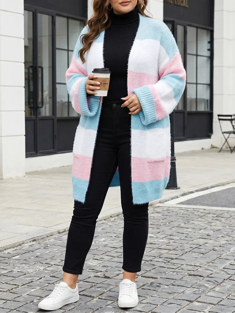 Pastel-Stripe Open-Front Longline Cardigan