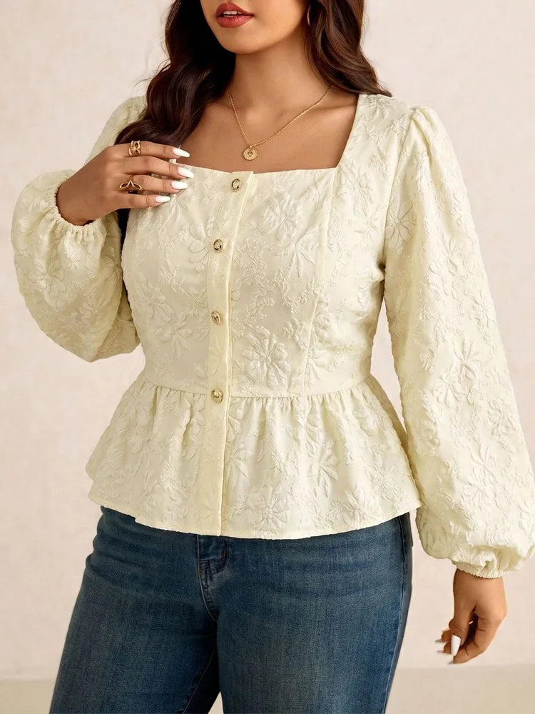 Jacquard Square-Neck Peplum Blouse