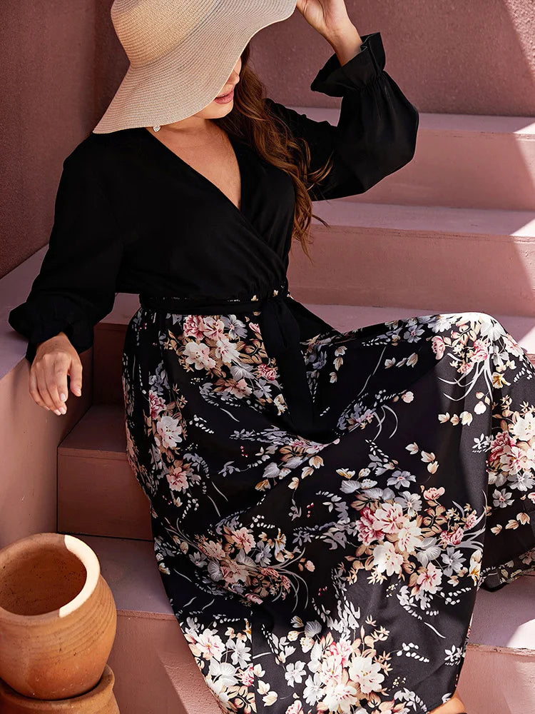 Floral-Panel Wrap Maxi Dress