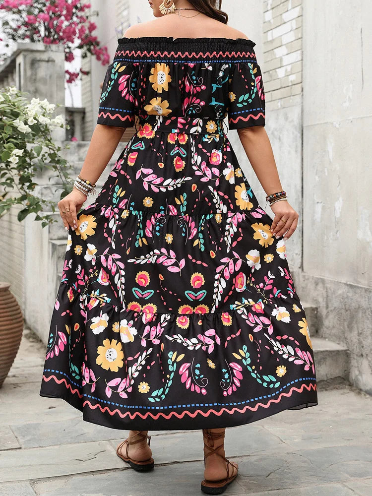 Folk-Floral Off-Shoulder Maxi Dress