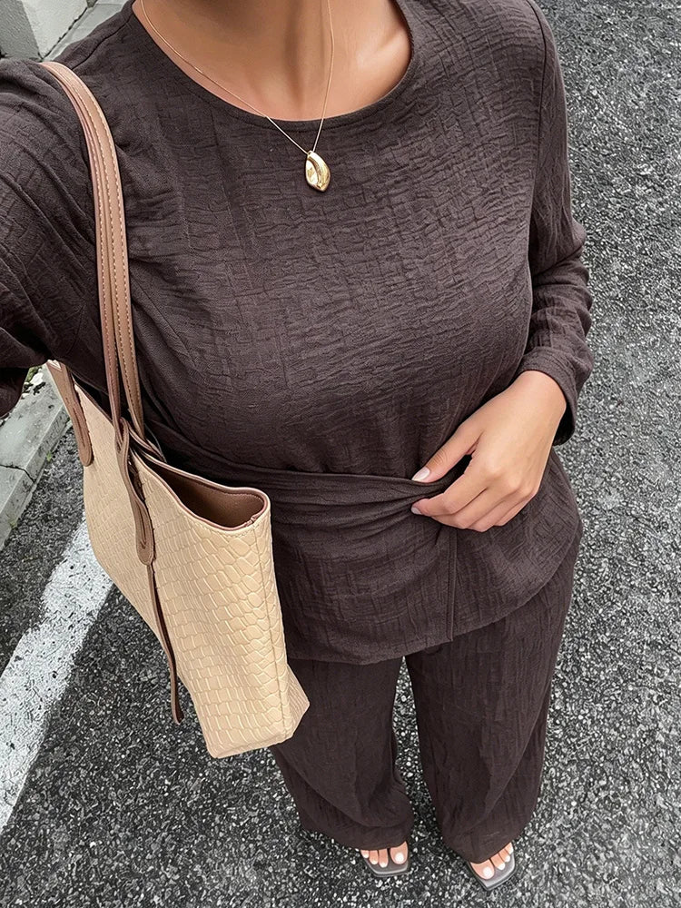 Textured Buckle-Wrap Top & Wide-Leg Pants Set