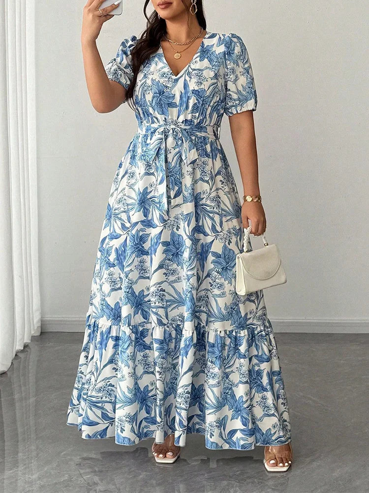 Botanical Puff-Sleeve Belted Maxi Dress