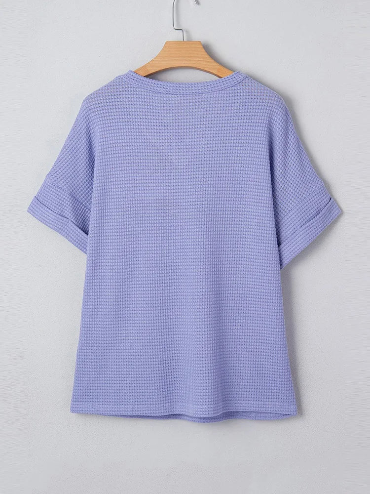 Waffle-Knit V-Neck Relaxed Top