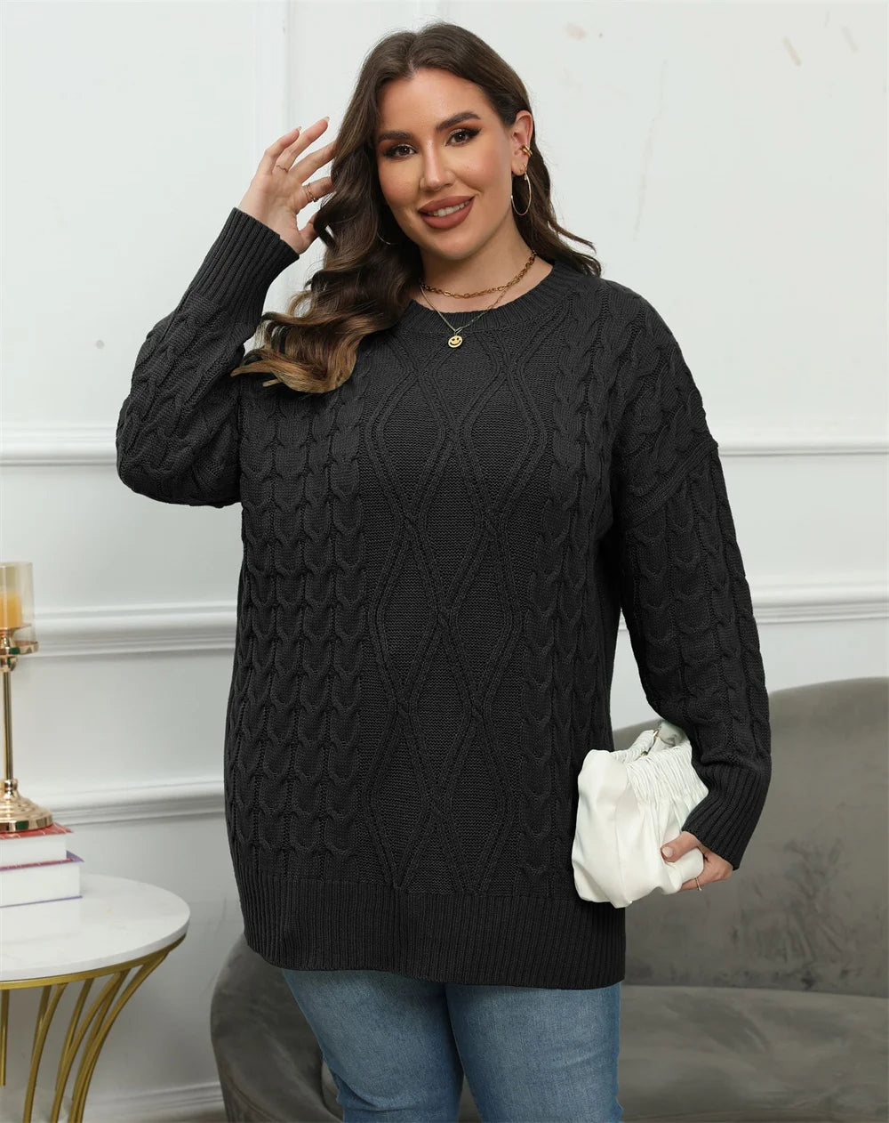 Cable-Knit Longline Crew-Neck Sweater