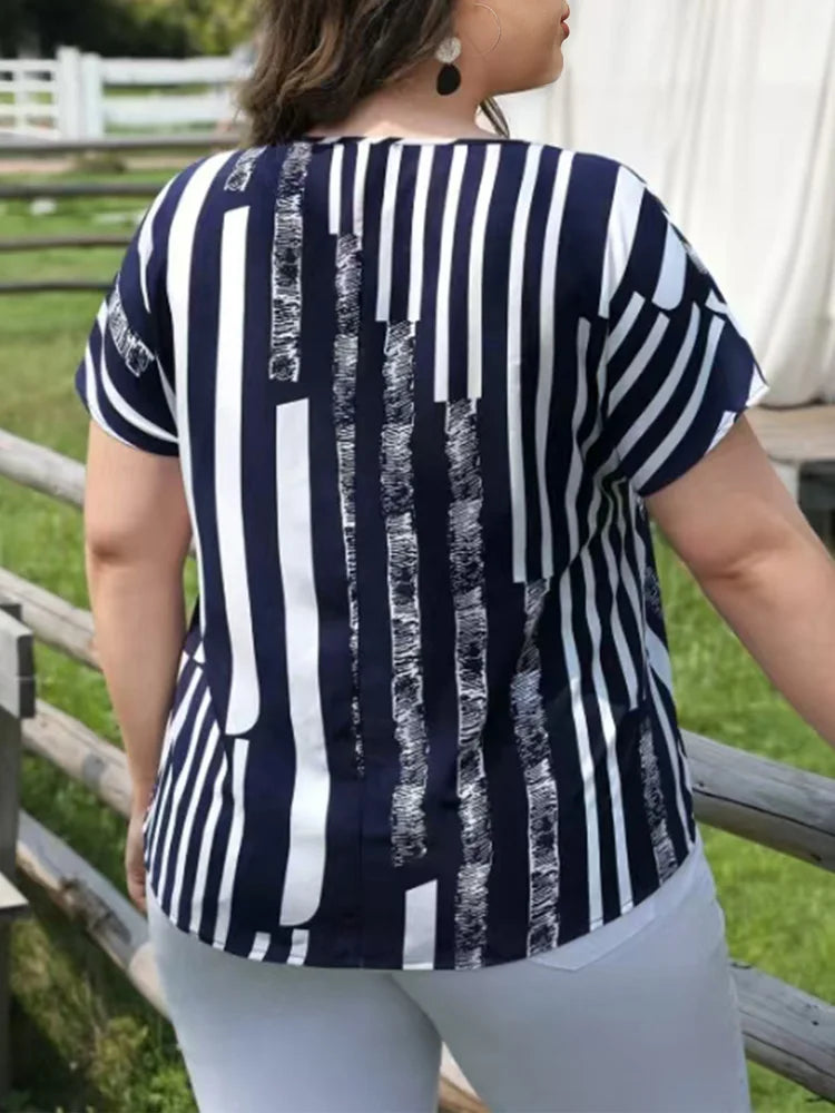 Mixed-Stripe Split-Neck Blouse