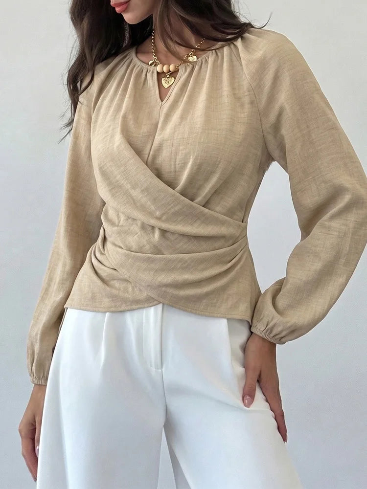 Ruched Wrap Balloon-Sleeve Blouse