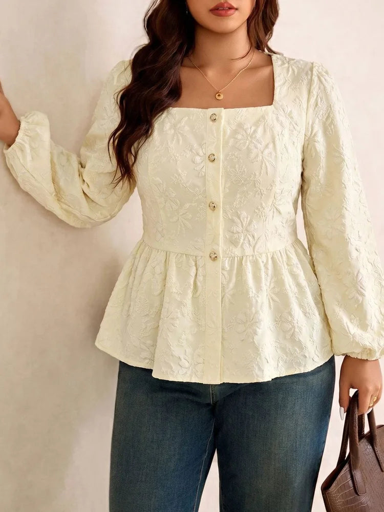 Jacquard Square-Neck Peplum Blouse