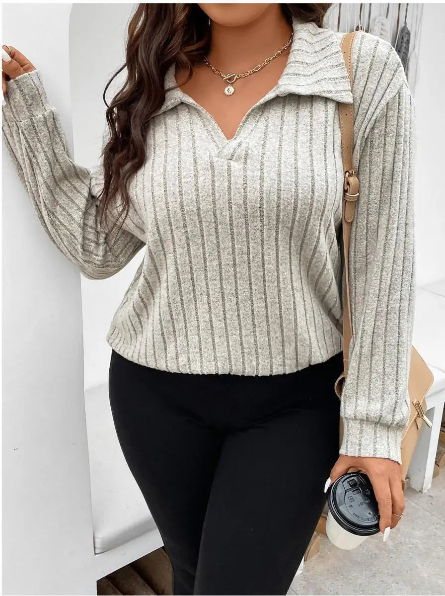 Ribbed Polo-Collar Tunic Top
