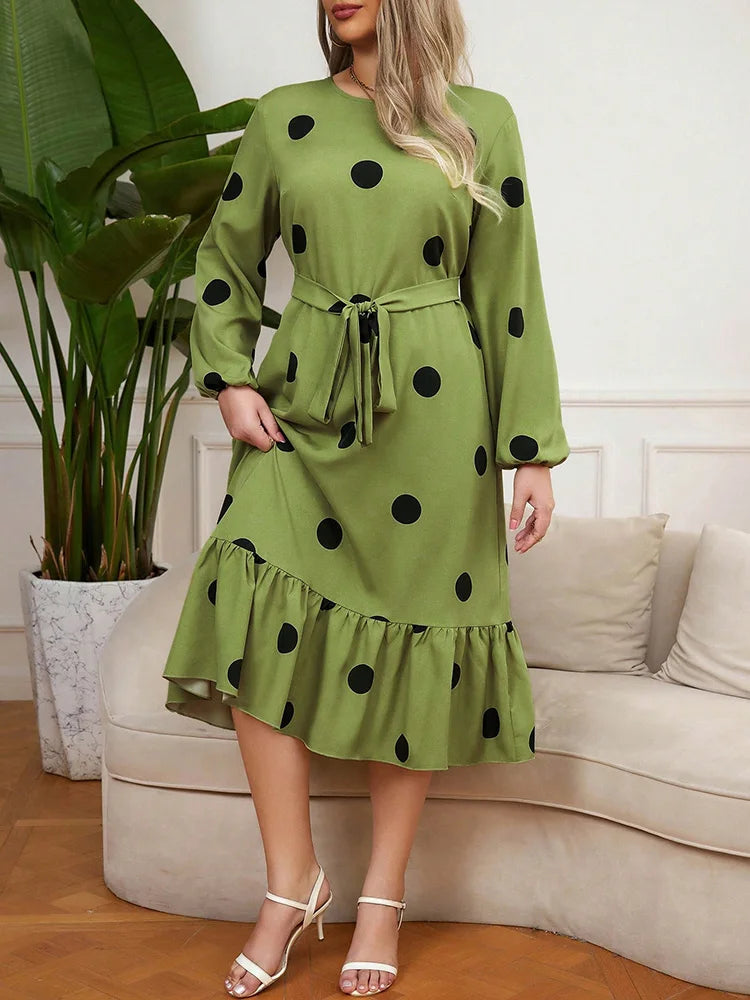 Oversized-Dot Belted Midi Dress