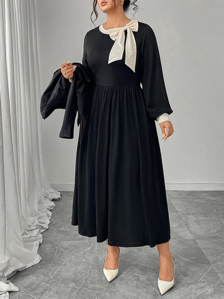 Bow-Neck Contrast Maxi Dress