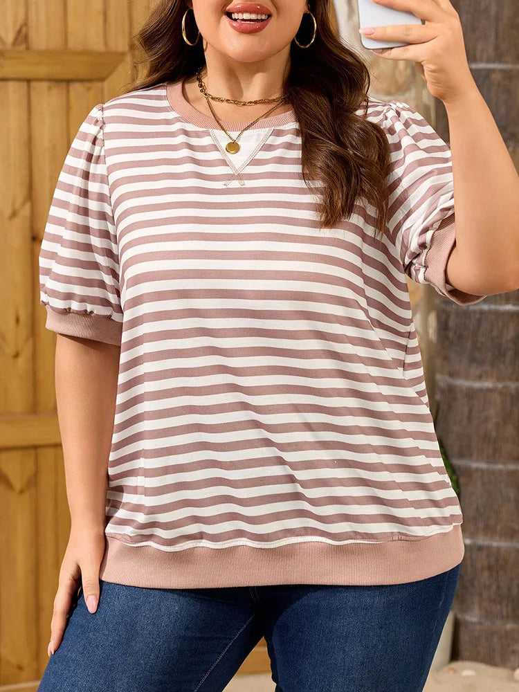 Striped Puff-Sleeve Crew-Neck Top