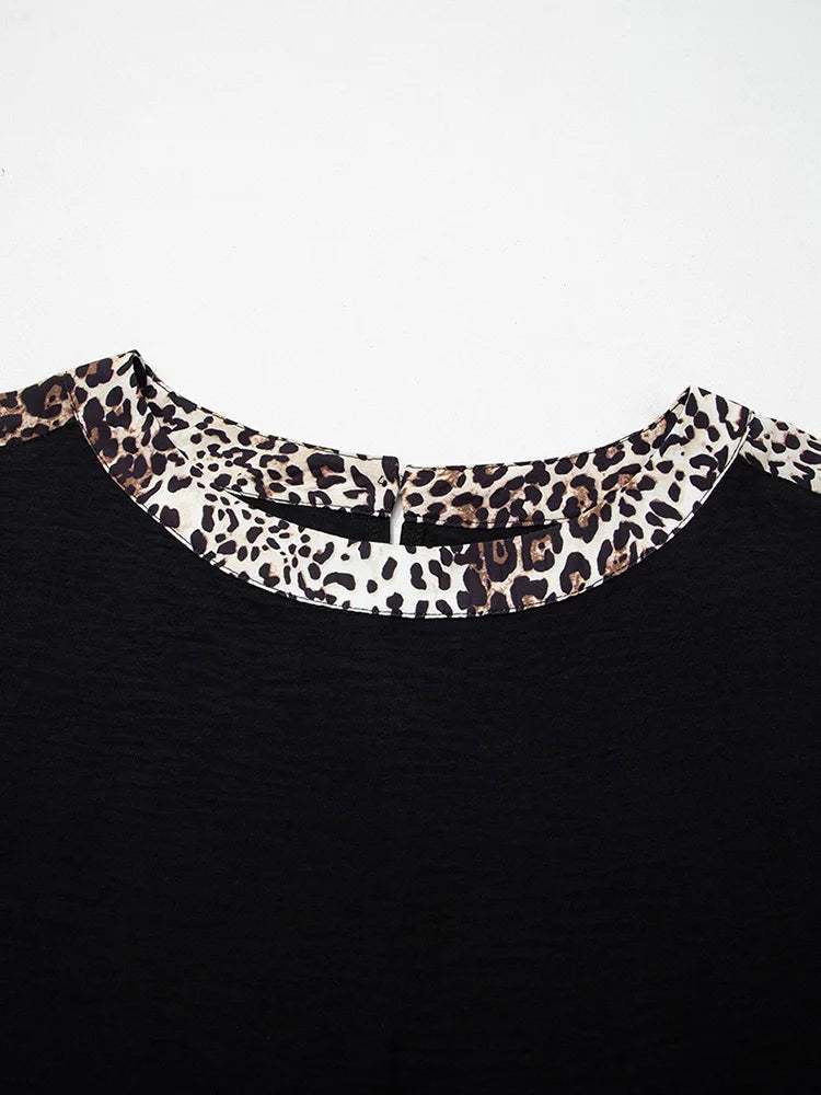 Leopard-Trim Dolman-Sleeve Top