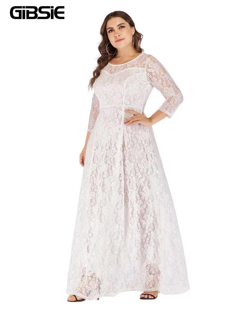 Three-Quarter-Sleeve Lace Maxi Dress