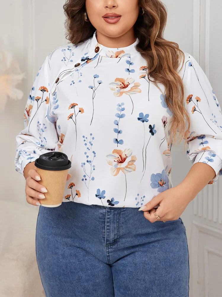 Floral Asymmetric-Button Blouse