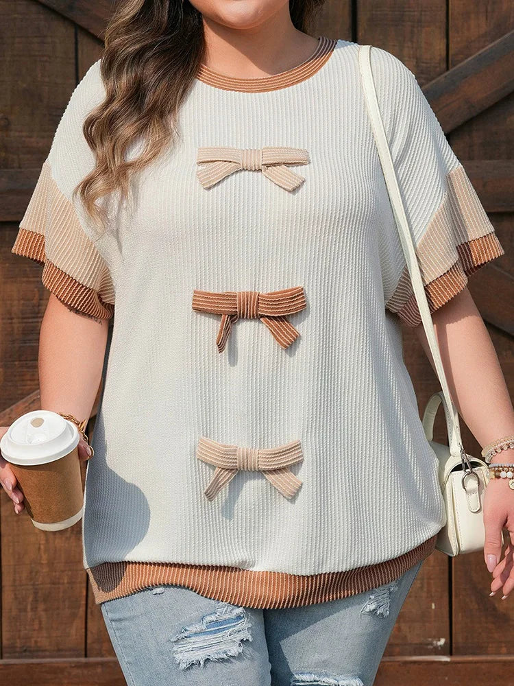 Triple-Bow Contrast-Trim Textured Top