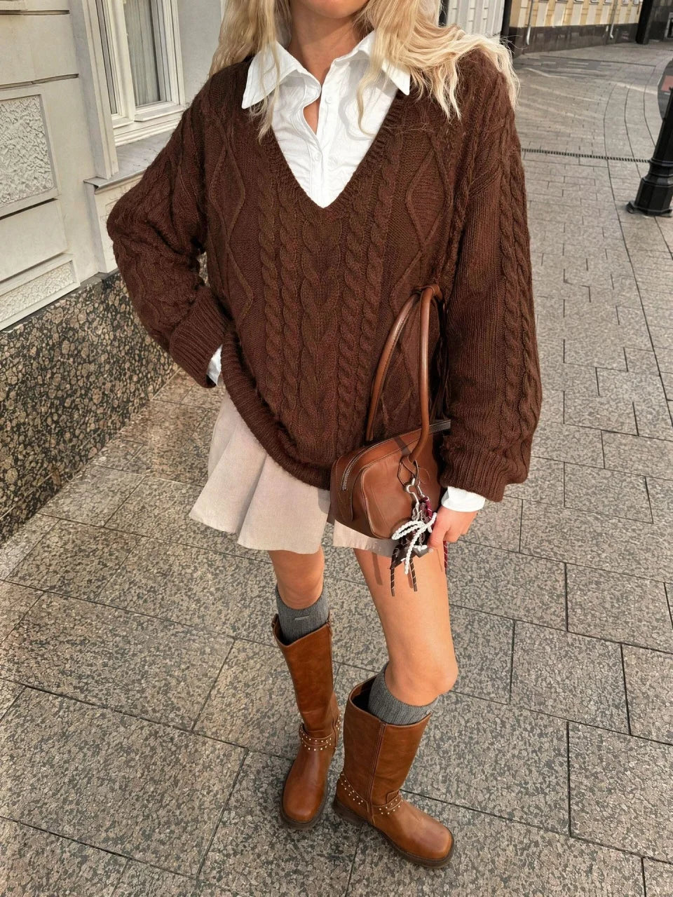Cable-Knit V-Neck Layered Sweater
