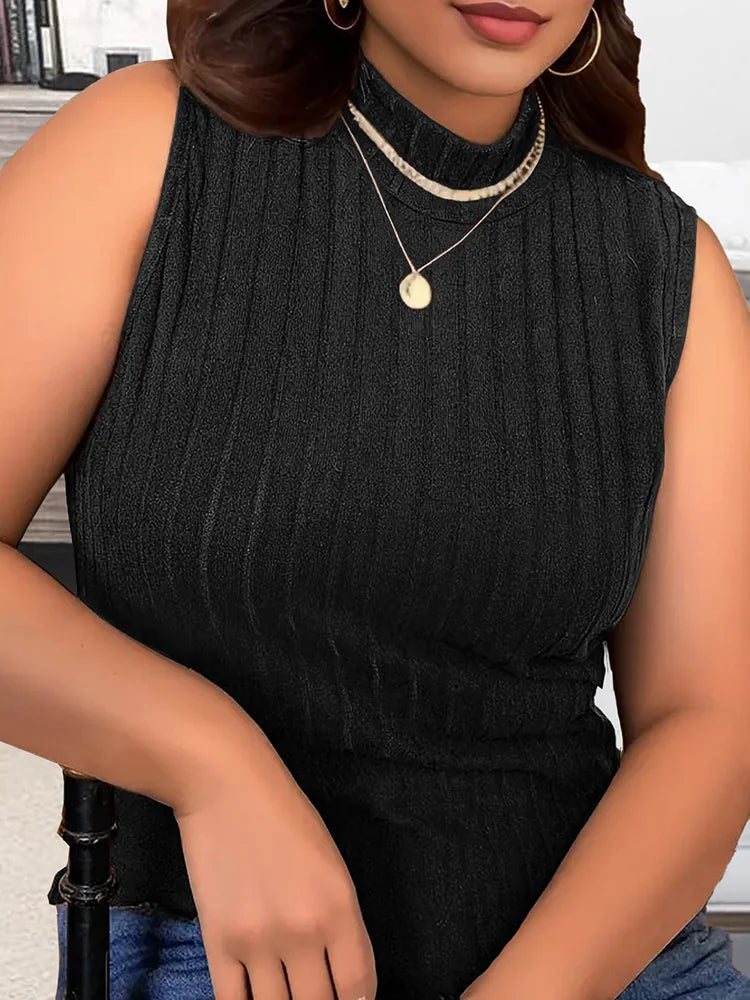 Mock-Neck Ribbed Sleeveless Top