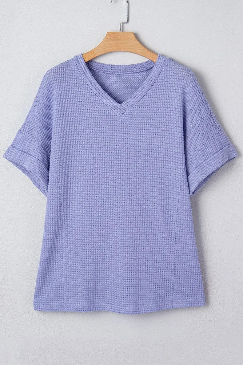 Waffle-Knit V-Neck Relaxed Top