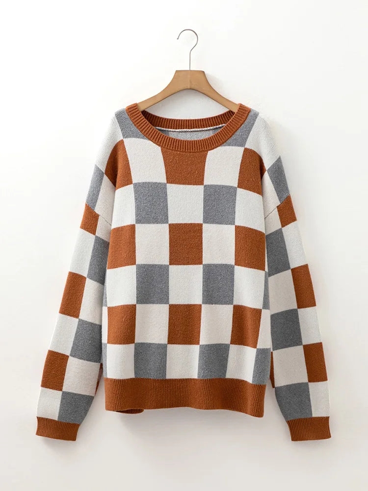 Colorblock Check Crew-Neck Sweater