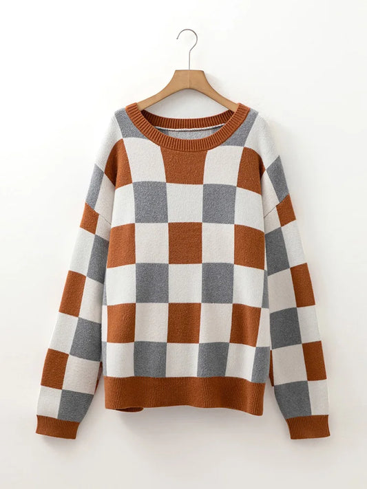 Colorblock Check Crew-Neck Sweater