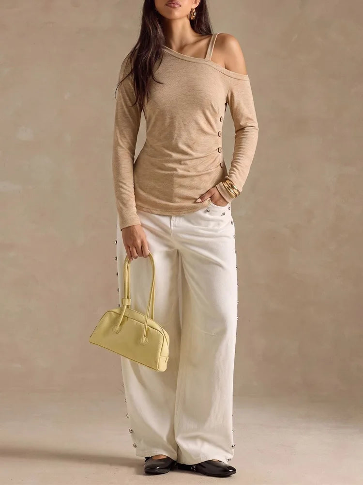 Asymmetric-Neck Side-Button Top
