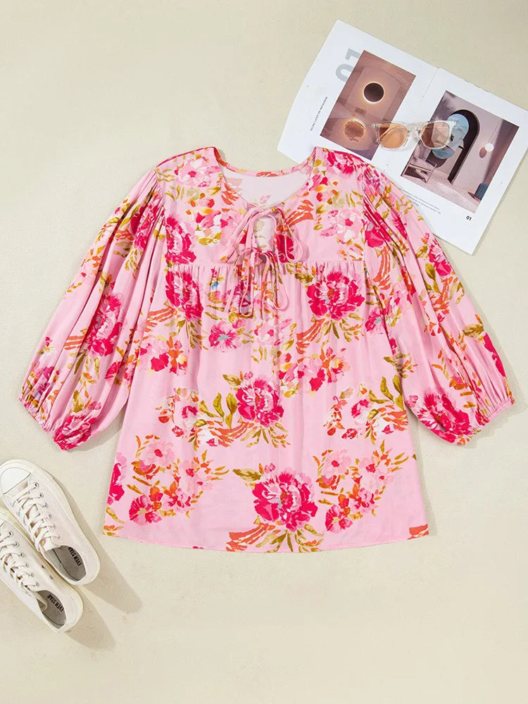 Floral Tie-Neck Three-Quarter Blouse