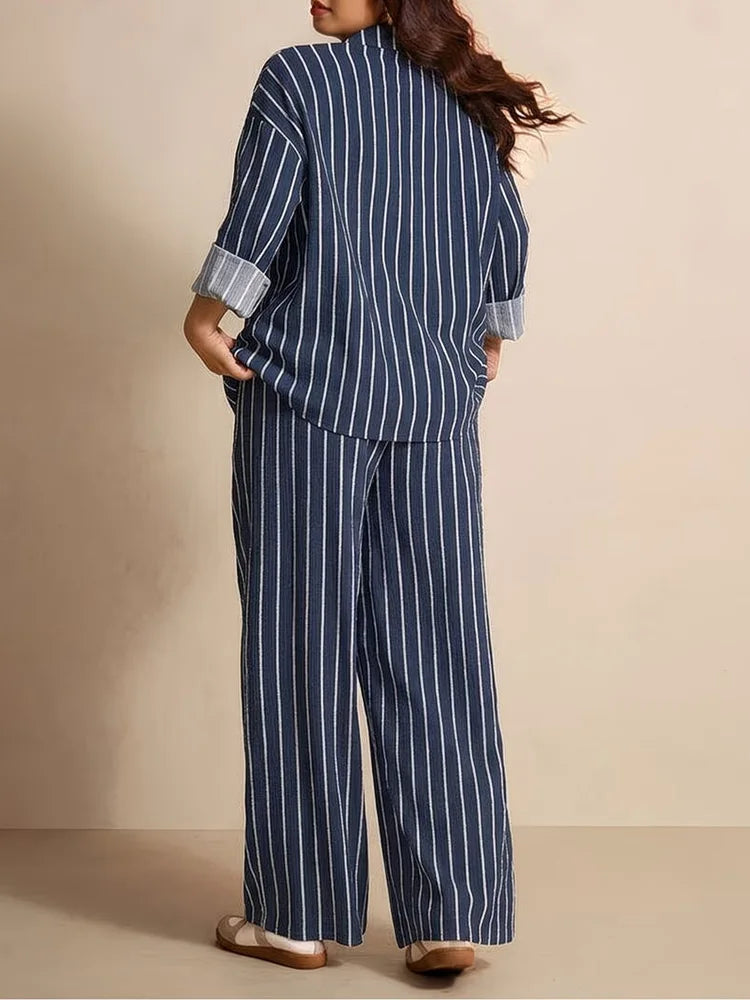 Striped Button Shirt & Wide-Leg Pants Set