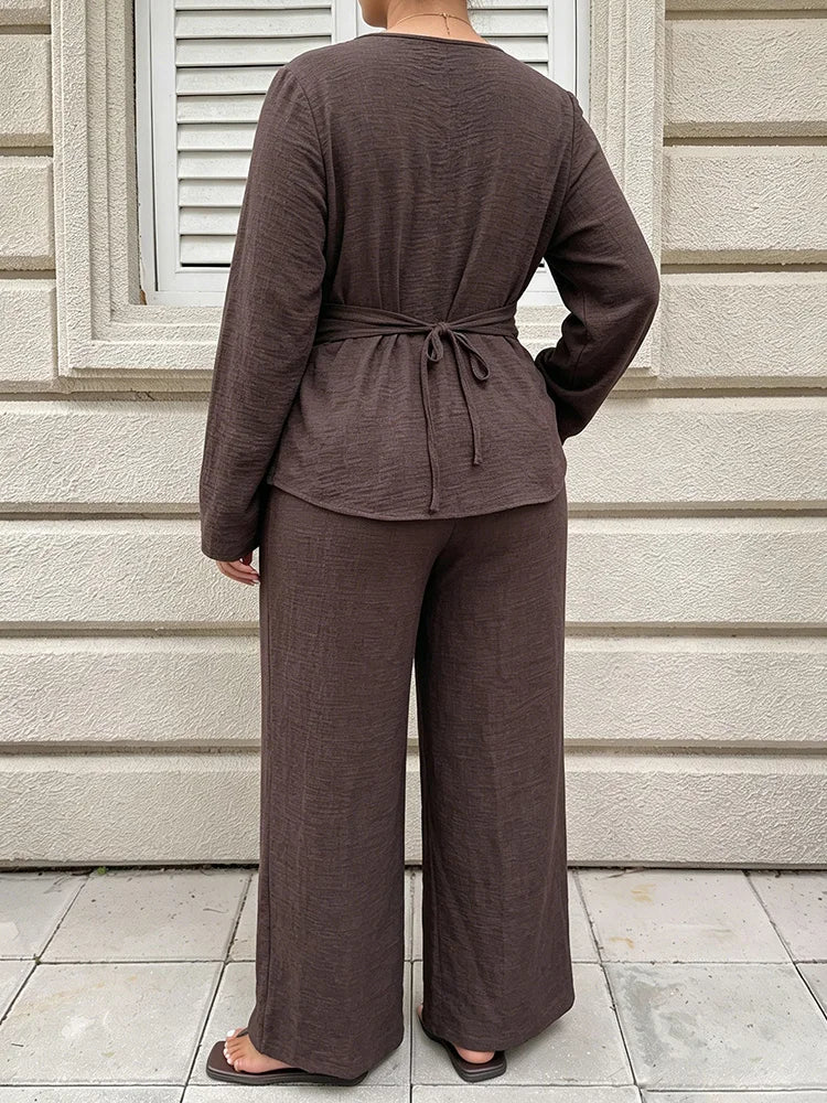 Textured Buckle-Wrap Top & Wide-Leg Pants Set