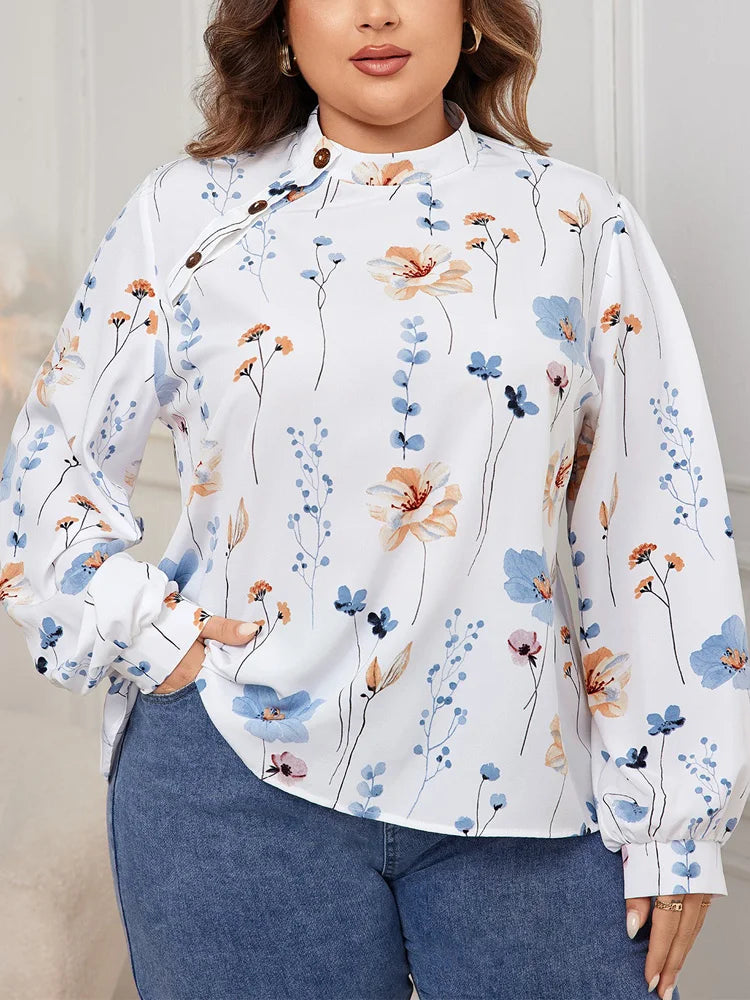 Floral Asymmetric-Button Blouse