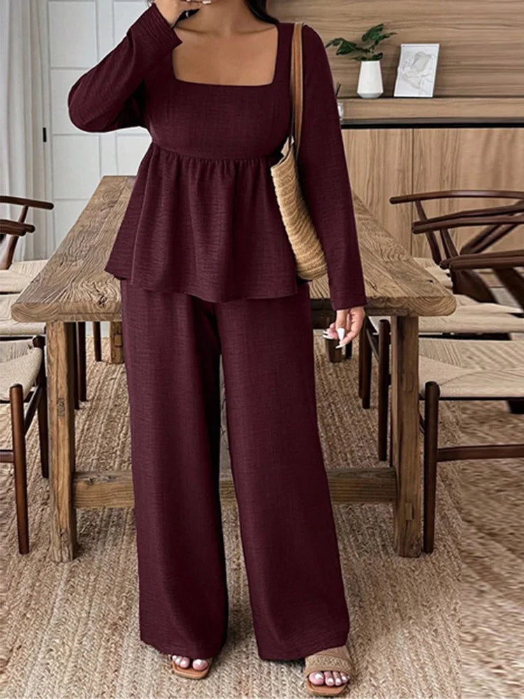 Square-Neck Peplum Top & Wide-Leg Pants Set