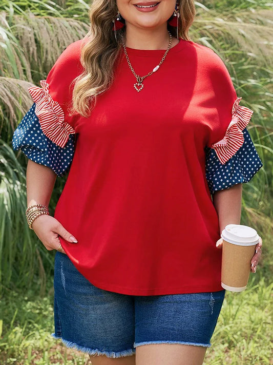 Star-Print Ruffle Puff-Sleeve Top