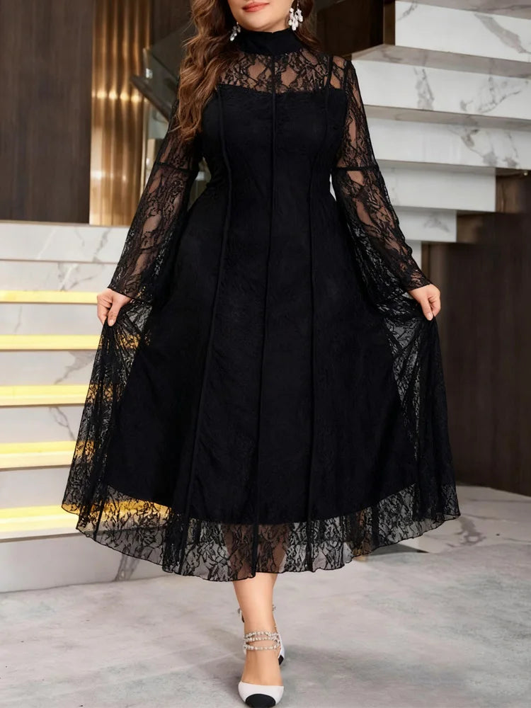 High-Neck Lace A-Line Midi Dress