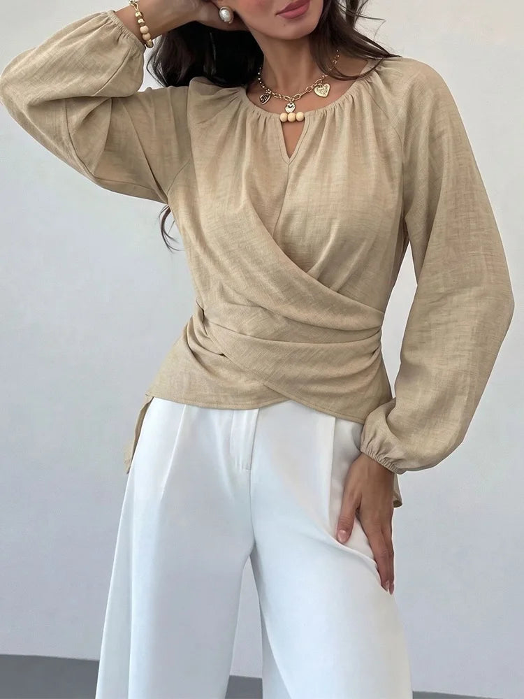 Ruched Wrap Balloon-Sleeve Blouse