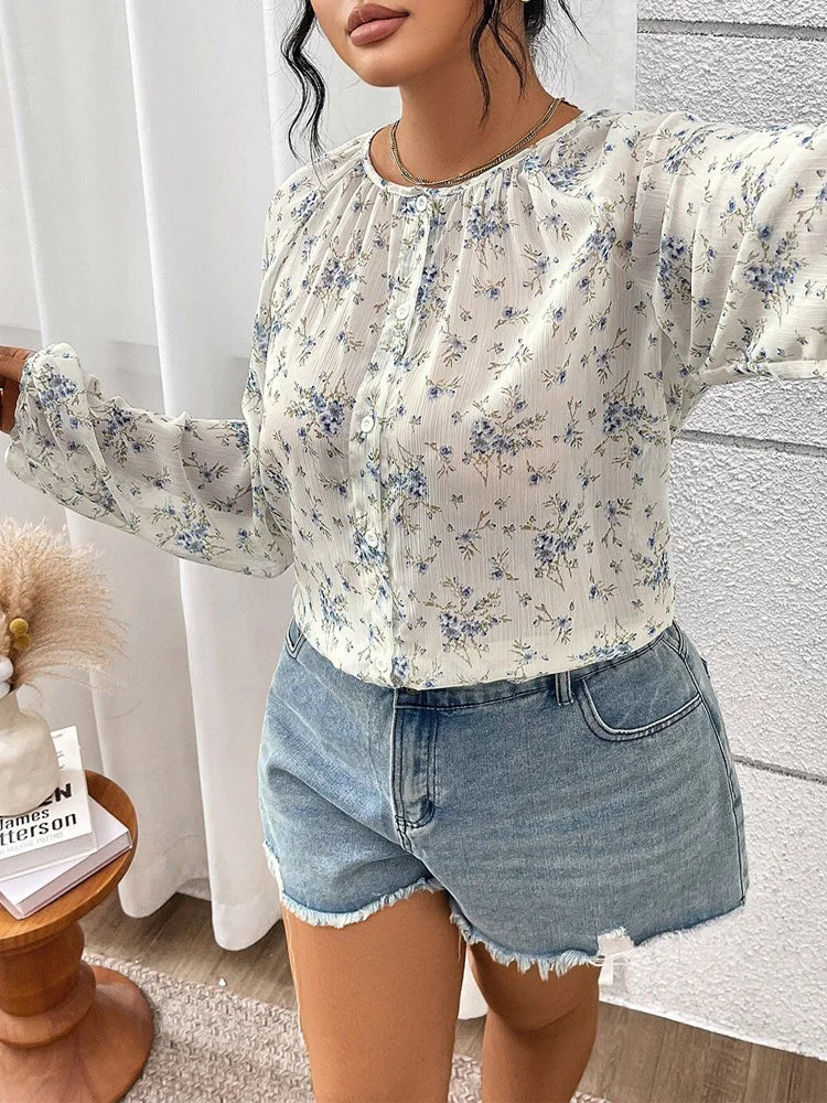 Ditsy-Floral Gathered-Neck Blouse