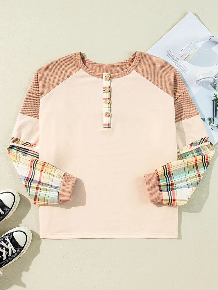 Plaid-Sleeve Colorblock Button Top