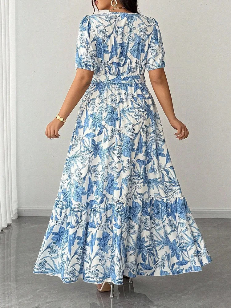 Botanical Puff-Sleeve Belted Maxi Dress