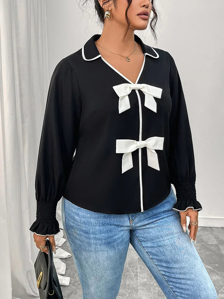 Contrast-Bow Ruffle-Cuff Blouse