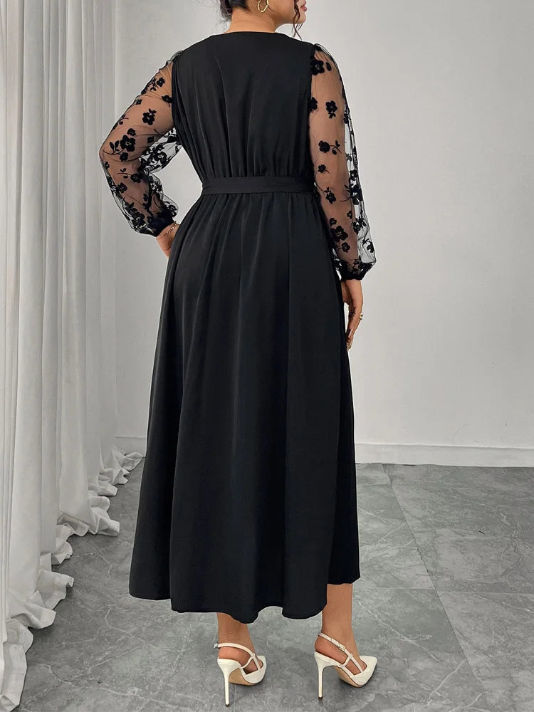 Floral-Mesh Sleeve Wrap Maxi Dress
