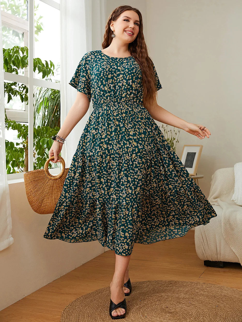 Ditsy-Floral Gathered Maxi Dress