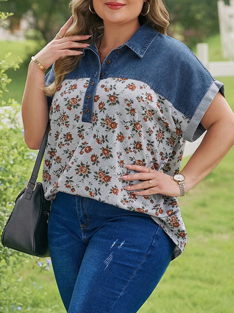 Floral Denim-Look Polo Blouse