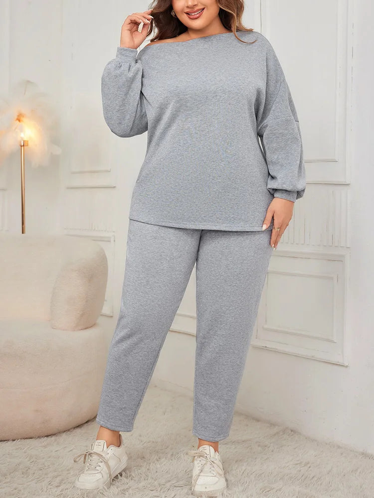 Off-Shoulder Sweatshirt & Tapered Pants Set