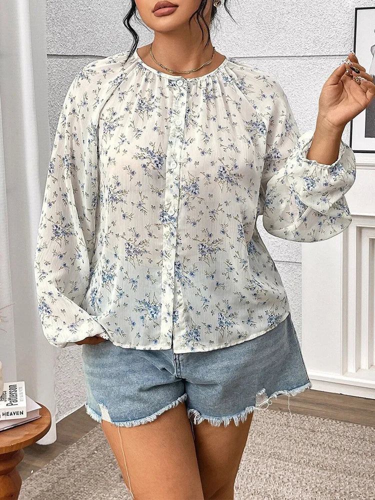 Ditsy-Floral Gathered-Neck Blouse