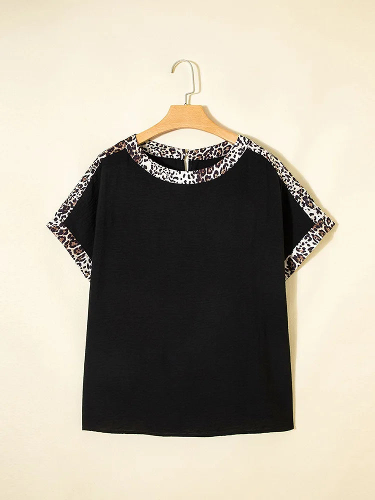 Leopard-Trim Dolman-Sleeve Top