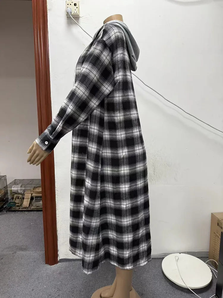 Plaid Hooded Longline Shirt Jacket