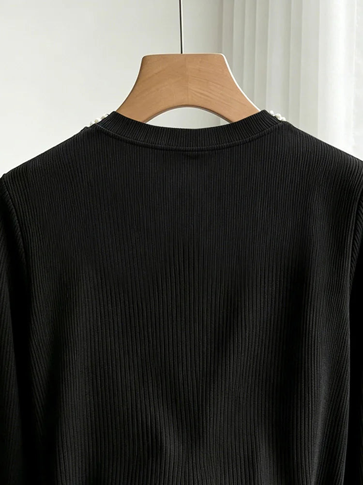 Pearl-Collar Ribbed Long-Sleeve Top