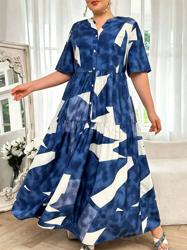 Abstract Button-Front Tiered Maxi Dress