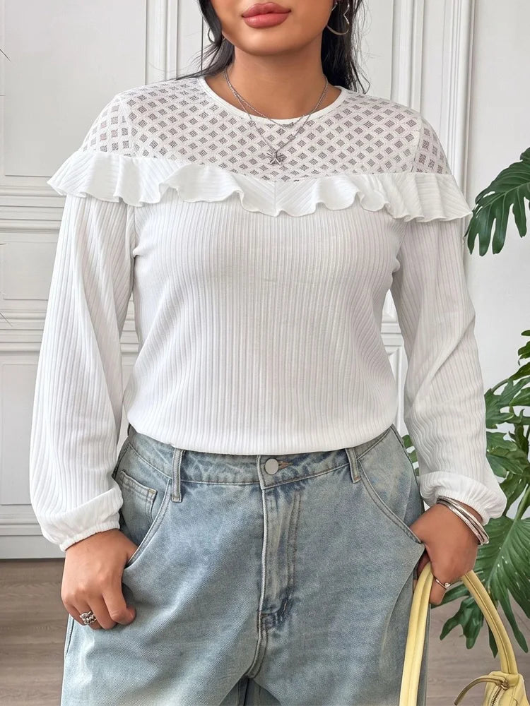 Mesh-Yoke Ruffle Ribbed Top