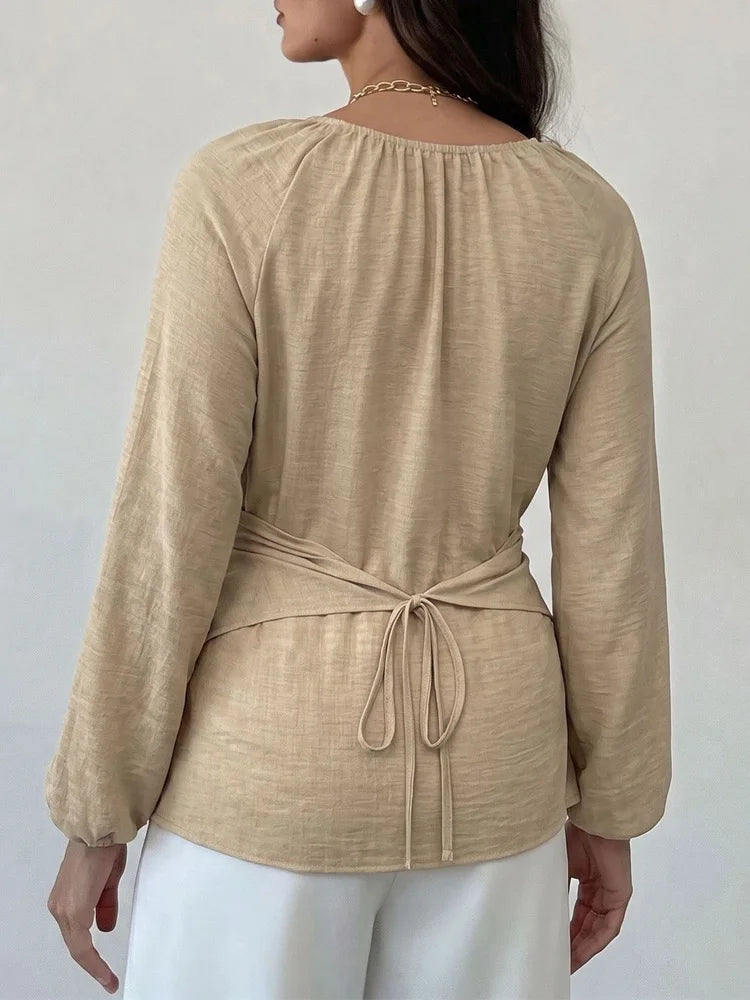 Ruched Wrap Balloon-Sleeve Blouse
