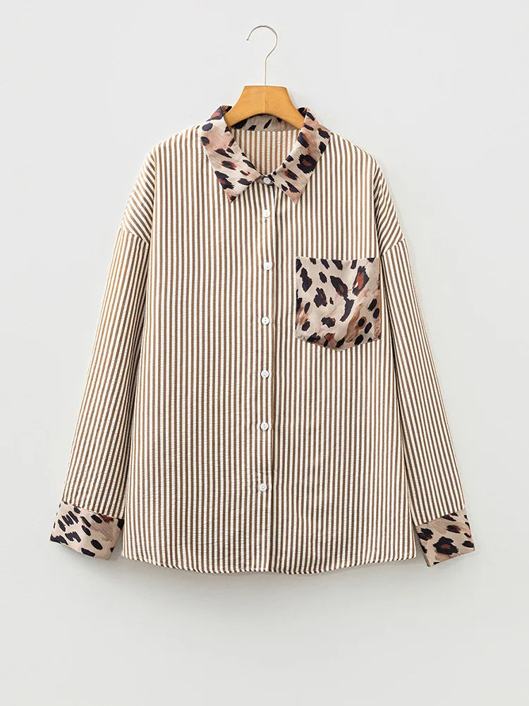 Pinstripe Leopard-Trim Pocket Shirt